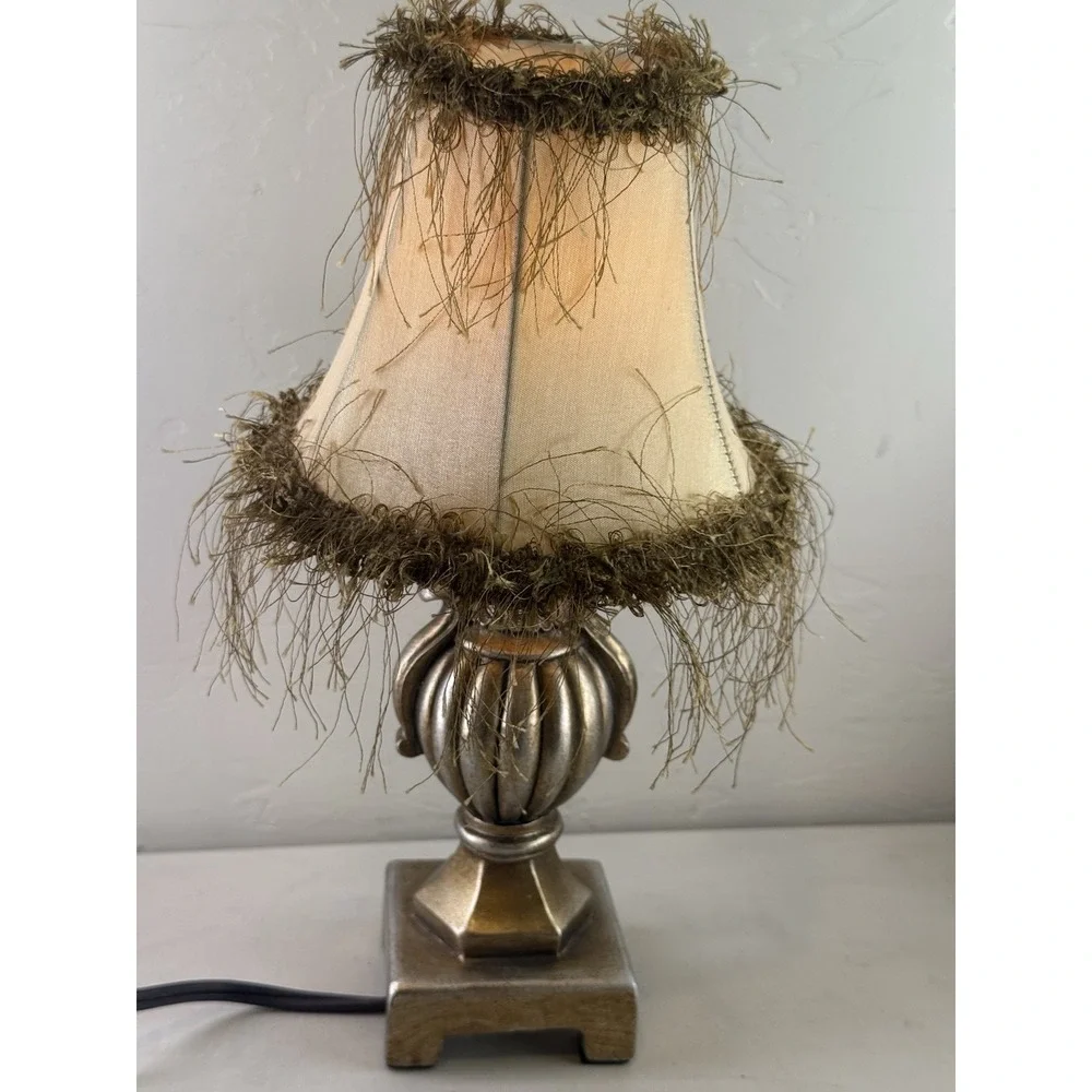 Vintage Antique Bronze Mini Accent Lamp Fringed Fabric Bell Shade Nightlight 13